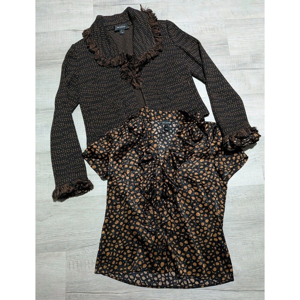 St. John Fall Two Piece Designer Ensemble Fringe Jacket & Dots Blouse Set Sz 4